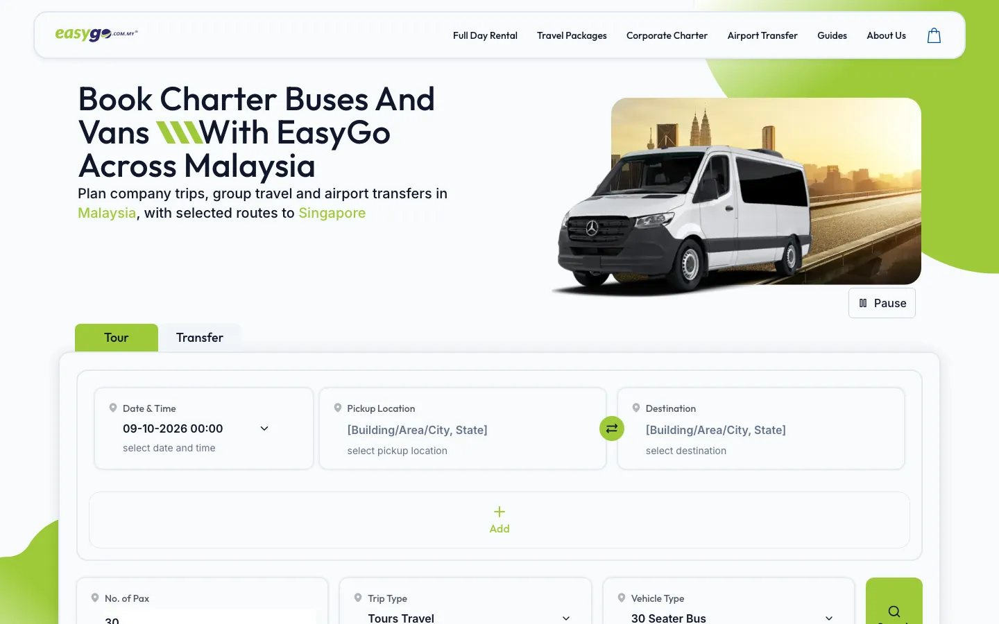 EasyGo homepage with charter search for date, pickup, destination, passengers and vehicle type