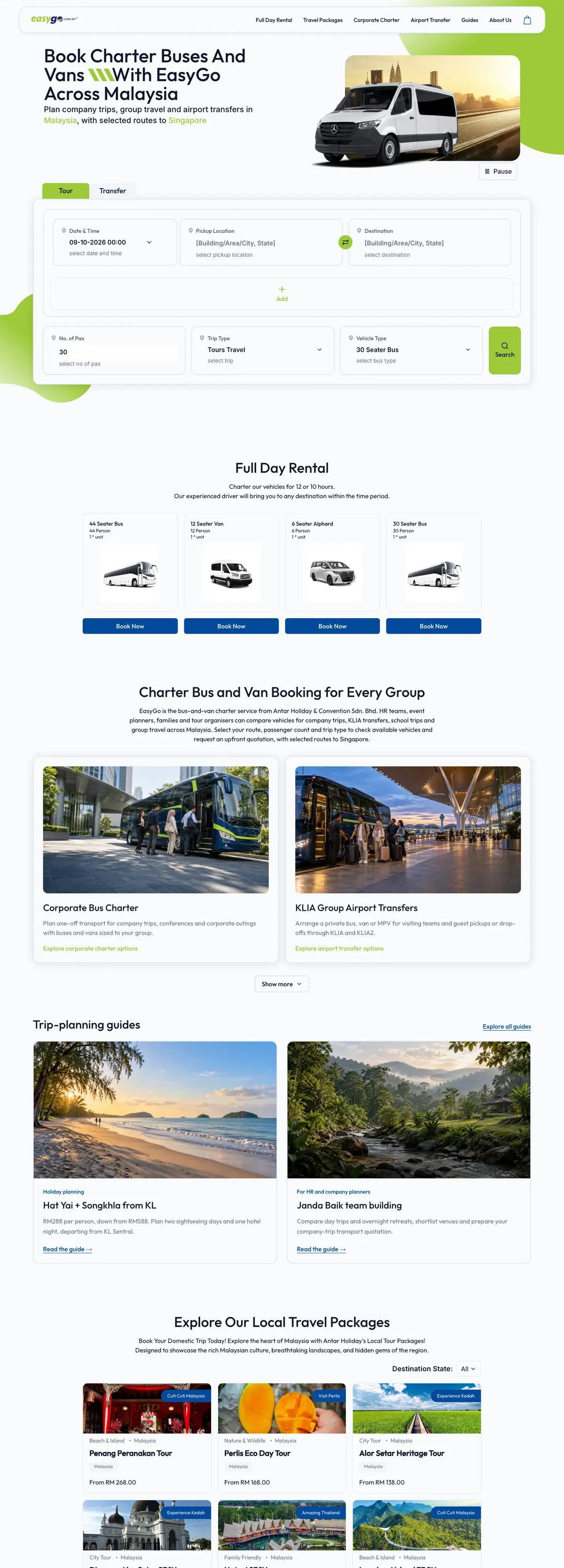 EasyGo homepage from the charter search down through services and travel packages