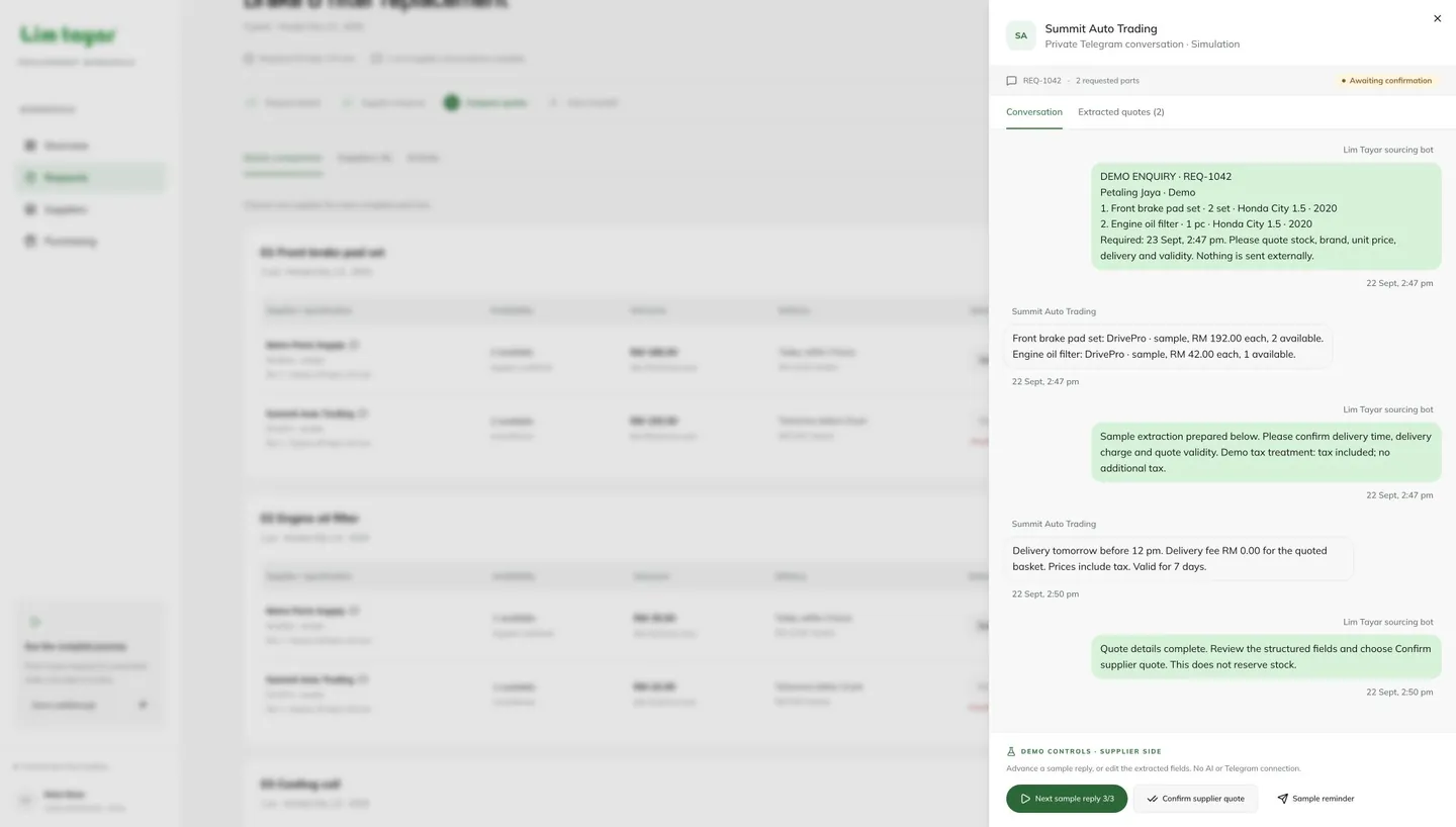 Simulated Telegram conversation with a supplier, with extracted quotes for review