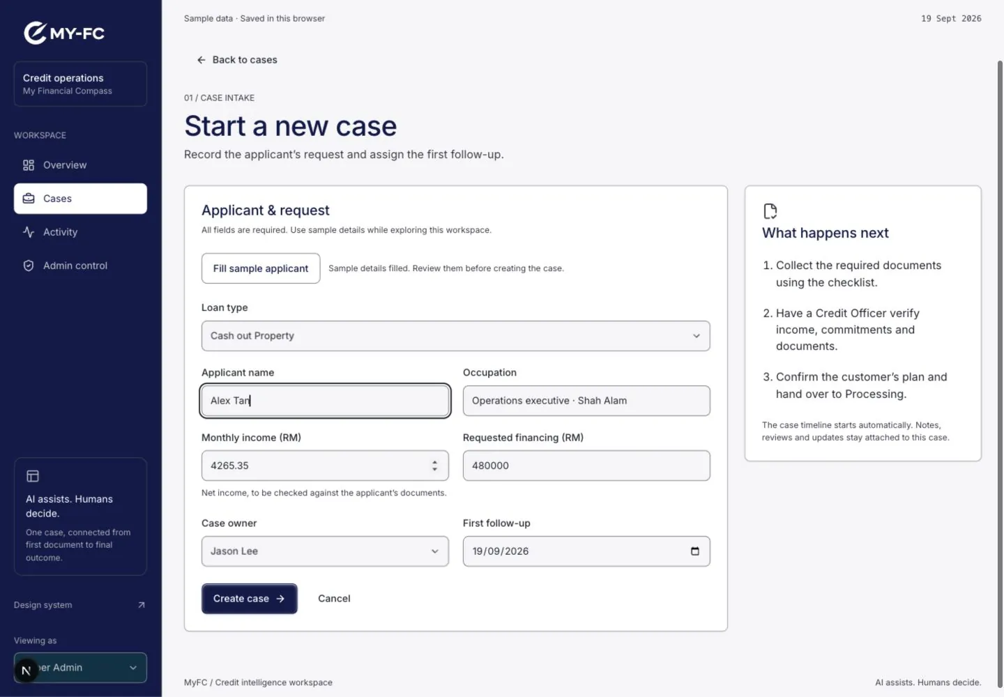 MyFC new case form with applicant, loan type, income and first follow-up