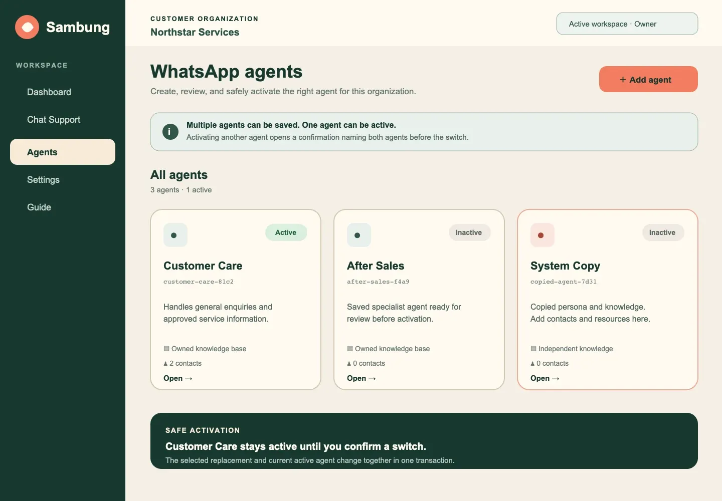 Sambung agent list with one active WhatsApp agent and two saved agents