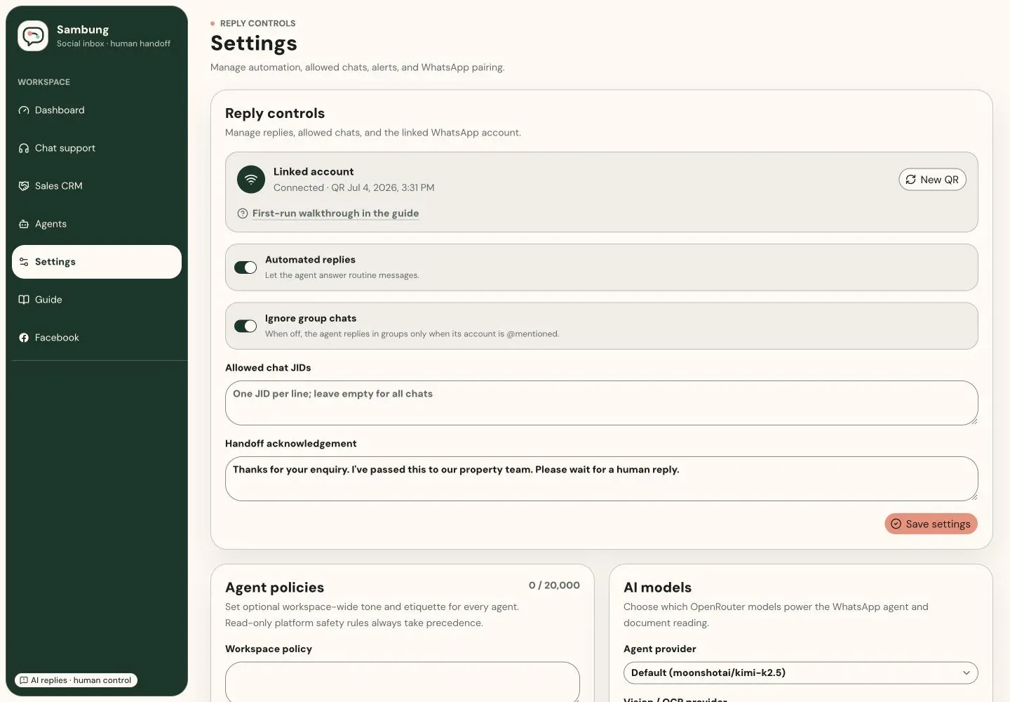 Sambung settings for automated replies, handoff message and OpenRouter model choice