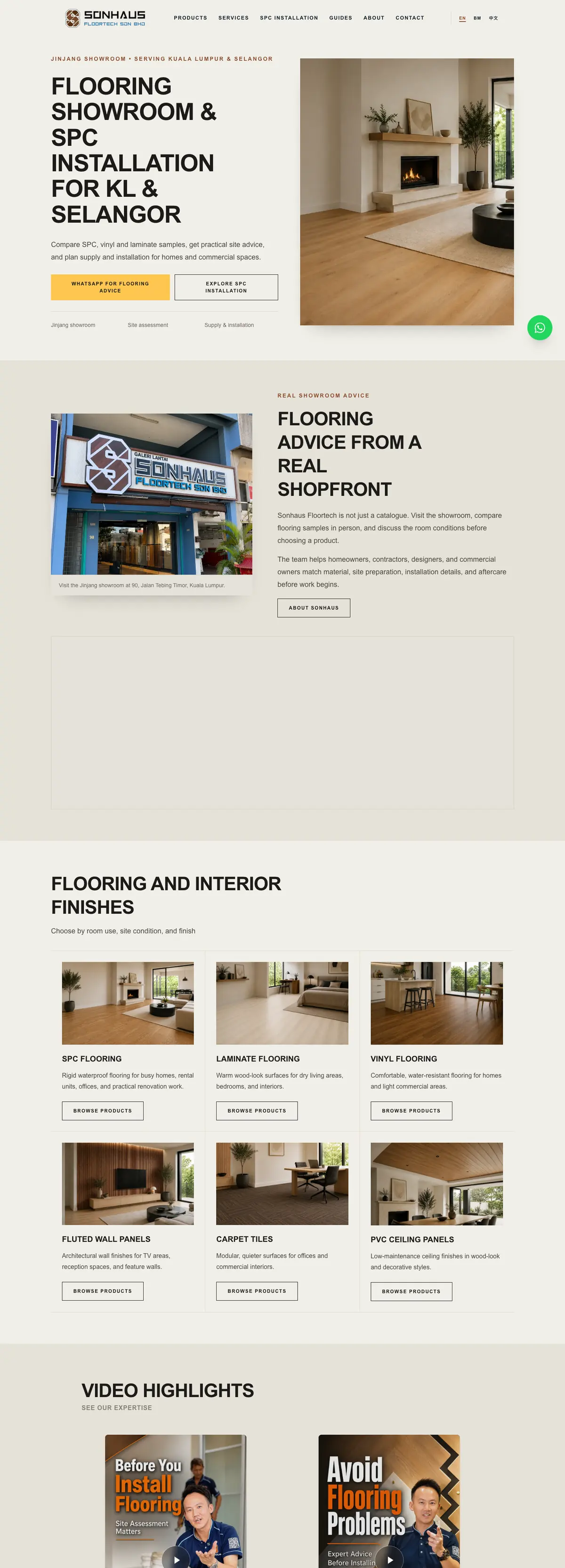 Sonhaus homepage from the hero down through products, services and guides